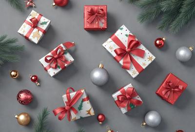 The primary subject of the image is a collection of red and white Christmas presents. The presents are arranged in various positions, creating a visually appealing scene. The setting is a gray background, which contrasts with the vibrant colors of the presents. The visual style of the image is a combination of photo and digital art, giving it a realistic yet artistic appearance. The dominant colors are red and white, which evoke a festive and joyful mood.
